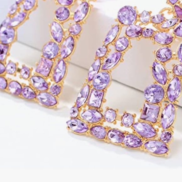 NWT Purple Rectangle Geometric Glass Statement Drop Earrings - Picture 4 of 6